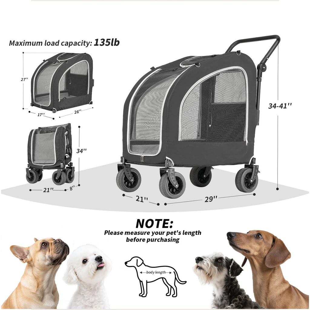 4 Wheel Pet Stroller for Dogs and Cats Up to 135lbs Foldable Design
