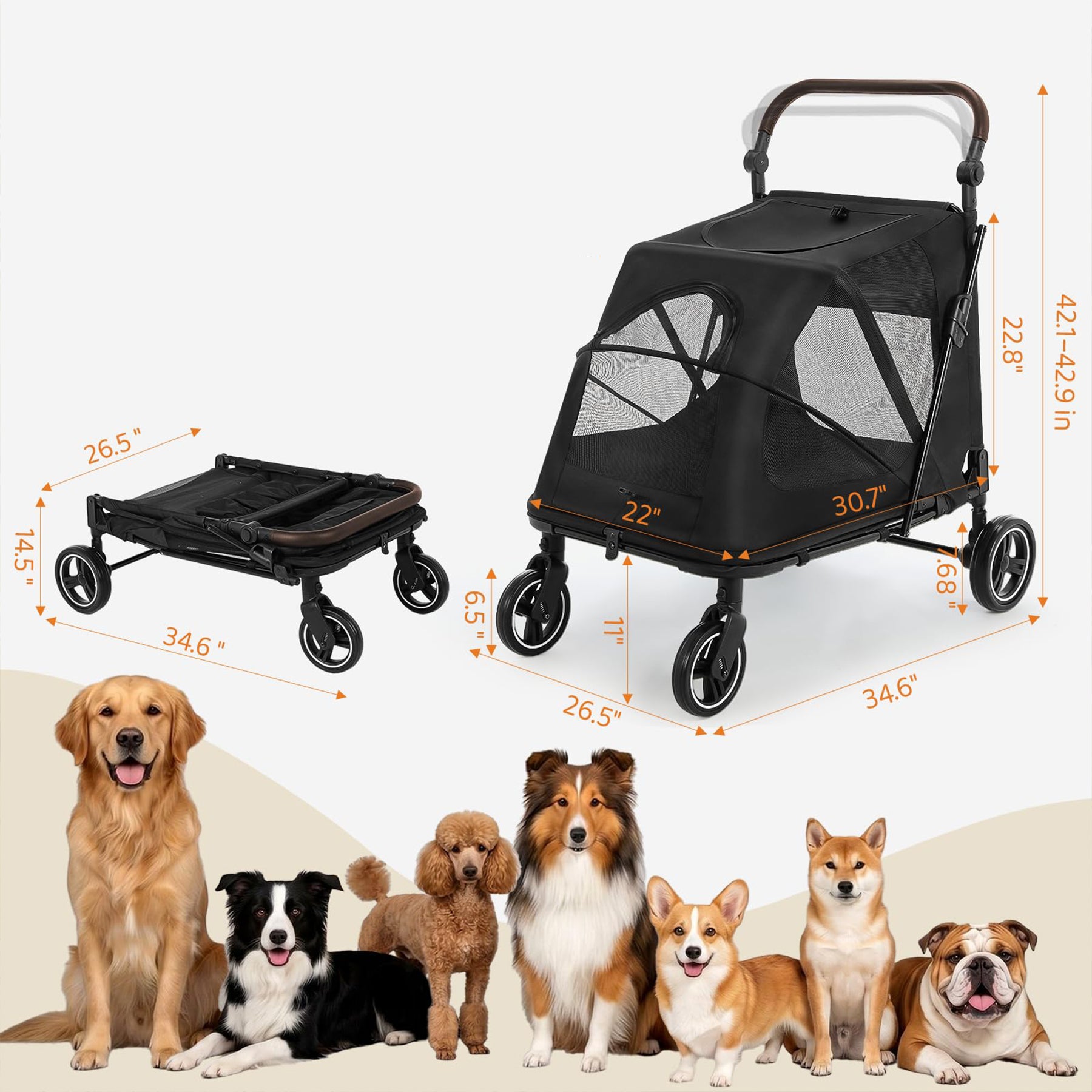 Large Dog Stroller for Medium Dogs Up to 66lbs Foldable Pet Wagon